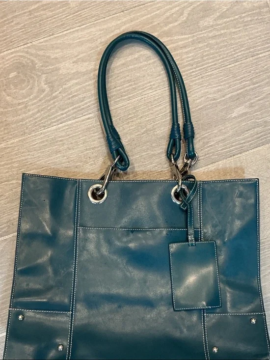 Wilsons Leather Blue/Green Satchel Tote with Double Rolled Handles - Picture 1 of 7